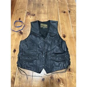 Hudson Leather Men's Black Genuine Leather Motorcycle Biker Vest Size 46 Laced